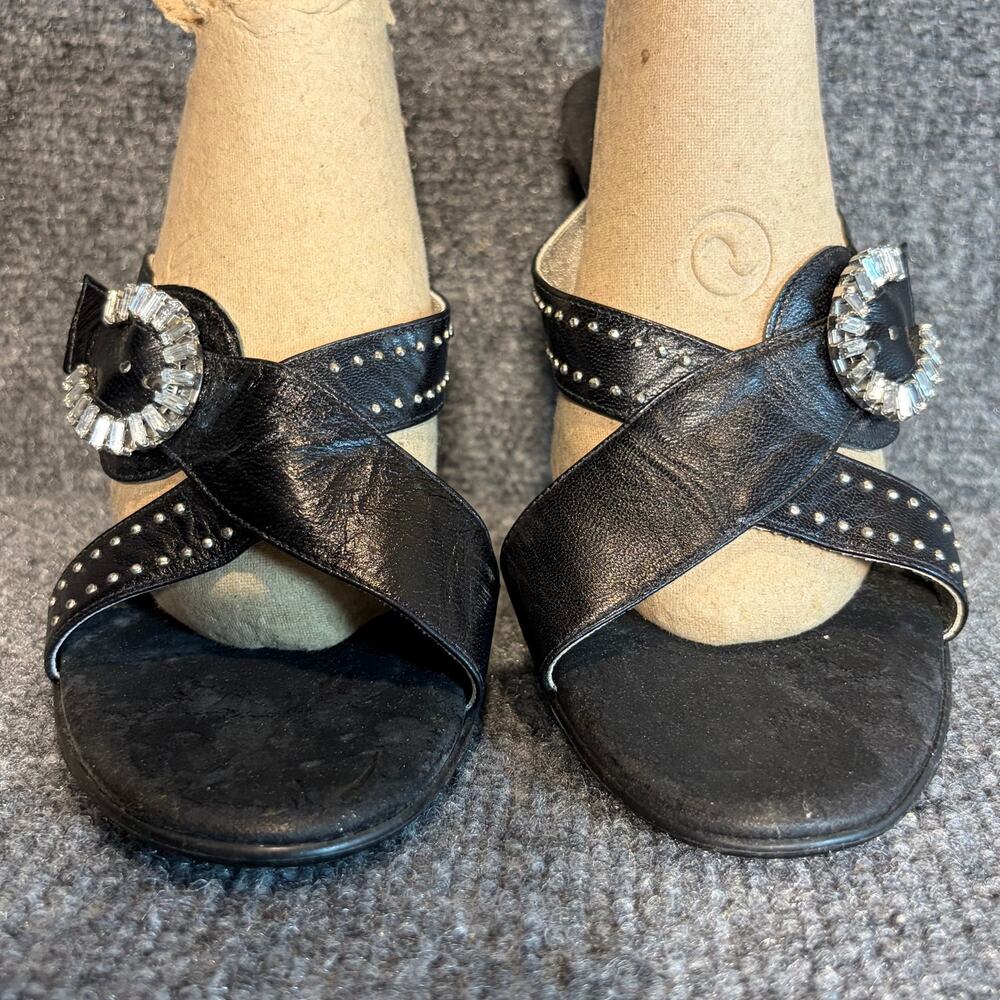 Onex Womens 8.5 Black Silver Rhinestone Embellished Slip On Low Heel Sandals